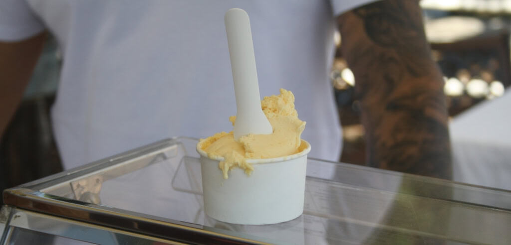 Gelato cup with spoon sitting on Carretto cart at Arundel family day in Keilor
